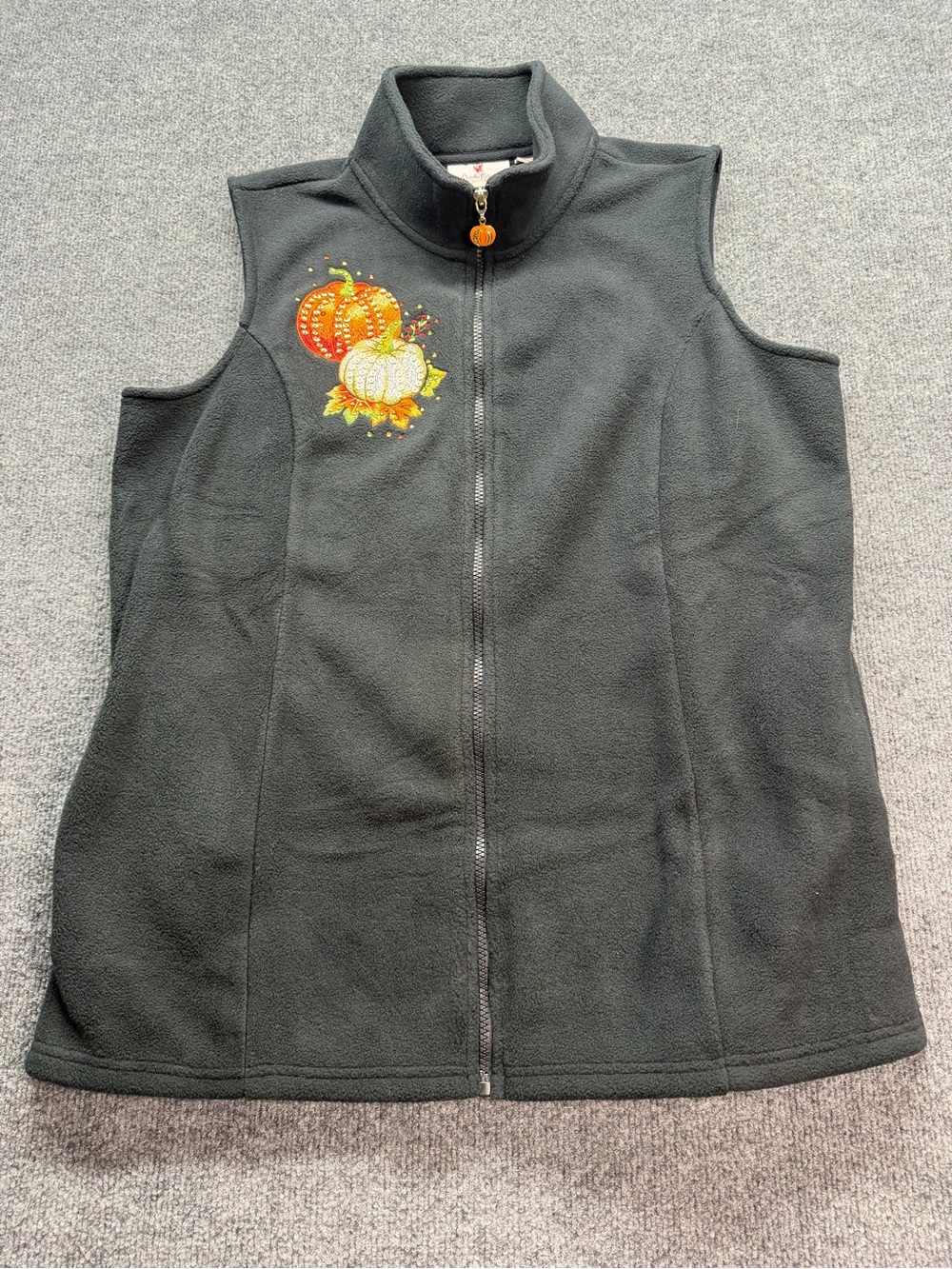 Quacker Factory Black Fleece Vest with Pumpkin Embroidery